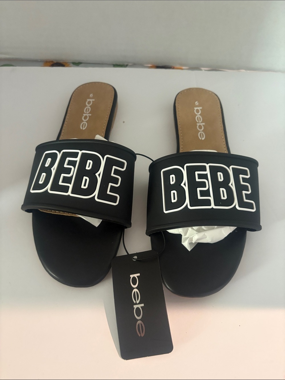 bebe Black Logo Slide Sandals with White Trim